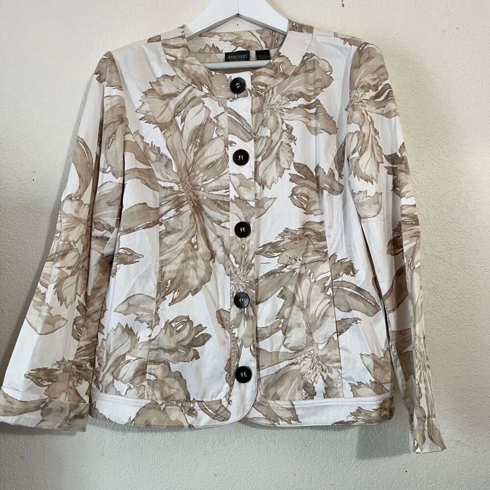 Chico's Additions Womens Beige Floral Button-Front Lightweight Jacket Size 1